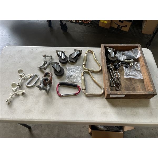 TRAY OF CASTERS, HEAVY DUTY CARABINER, ETC