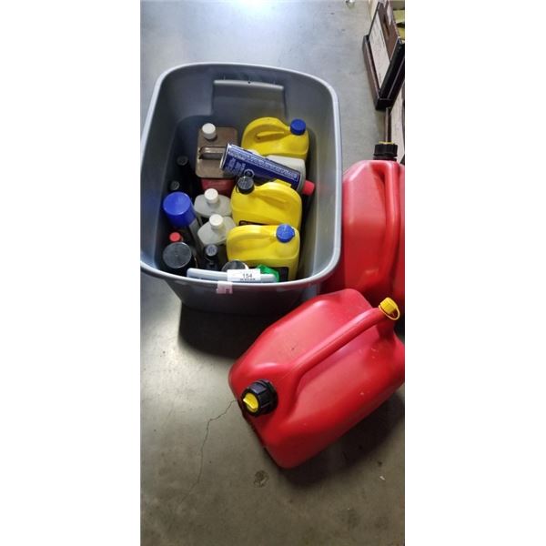 2 JERRY CANS AND TOTE OF SHOP FLUIDS