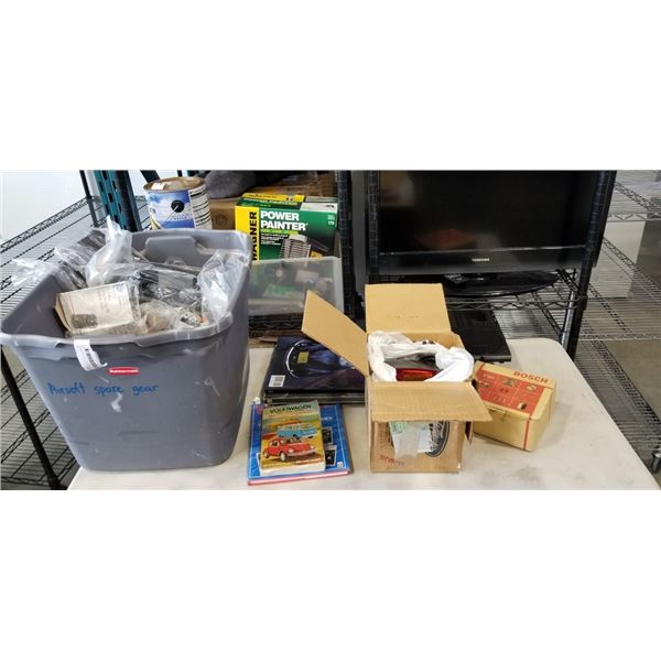 TOTE OF VINTAGE VW, FORD  AND BOSCH AUTOMOTIVE PARTS, ASSEMBLIES, MANUALS, OIL FILTERS AND BATTERY B