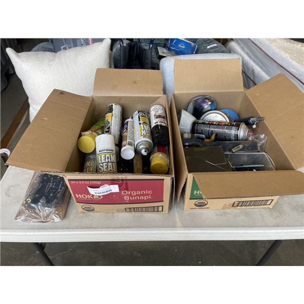 2 BOXES OF ASSORTED AUTOMOTIVE FLUIDS, STRAPS, BRAKE PADS AND AEROSOLS