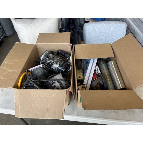 2 BOXES OF POWER TOOLS AND SHOP HARDWARE, ROUTER, SANDER ETC