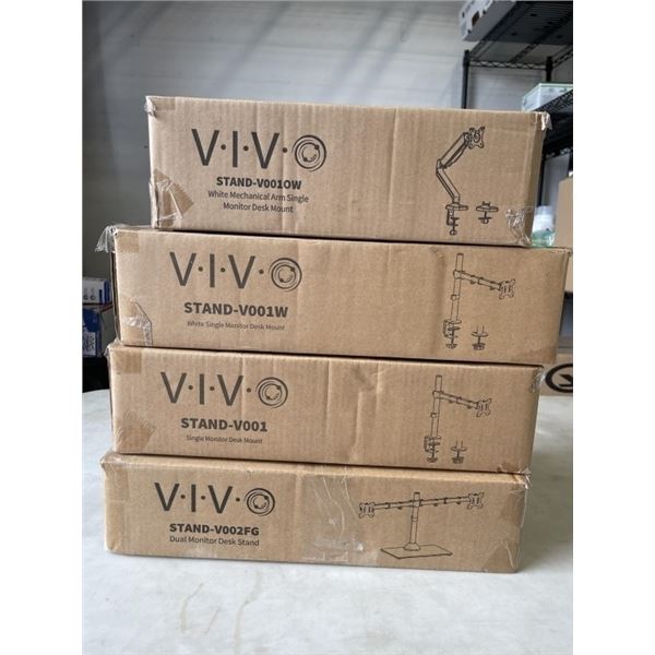 2 VIVO SINGLE MONITOR DESK MOUNTS, VIVO MECHANICAL ARM SINGLE MONITOR DESK MOUNT, AND VIVO DUAL MONI