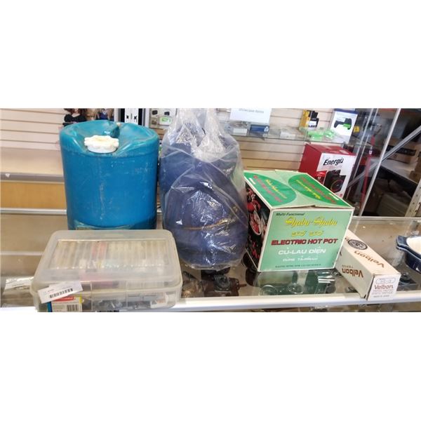 ELECTRIC HOT POT, VELBON TRIPOD, WATER JUG AND SLEEPING BAG