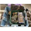 Image 2 : TOTE OF ASSORTED TOOLS AND TOOL BELTS, ORGANIZERS ETC