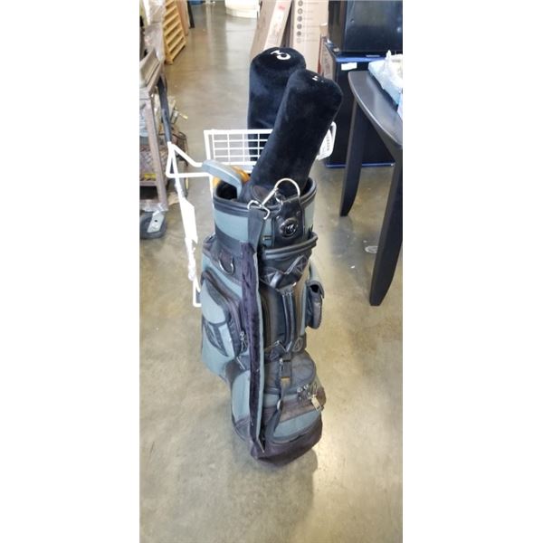 GOLF BAG WITH A FEW CLUBS AND 2-WAY CHIPPER AND BIKE RACK WALL HANGER
