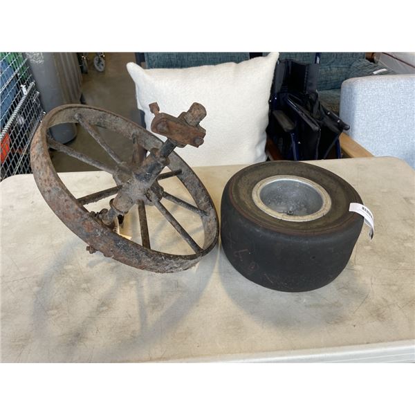 VINTAGE METAL WHEEL BARRELL WHEEL AND GO CART TIRE ON RIM