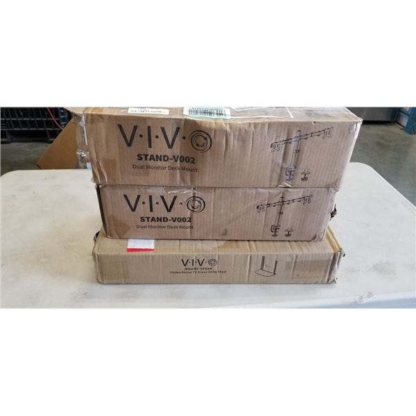 2 VIVO DUAL MONITOR DESK MOUNTS AND UNDER / ABOVE TV GLASS SHELF