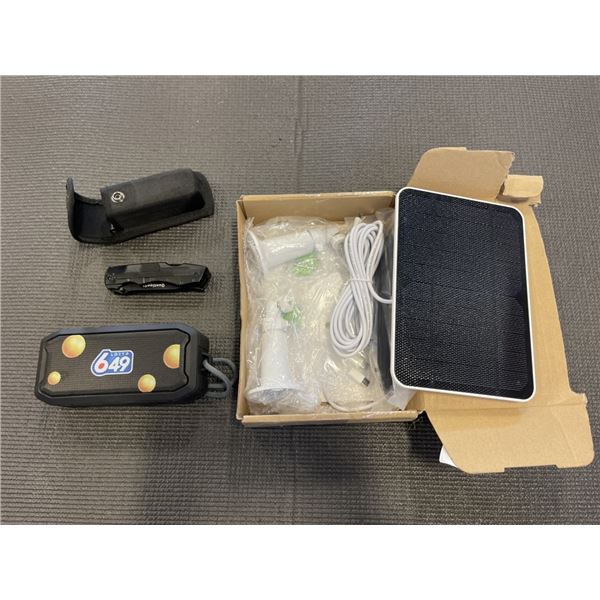 2 SECURITY SOLAR PANEL HOLDERS, BLUE TOOTH SPEAKER,  AND MULTI TOOL