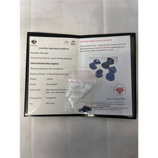 CERTIFIED 4.87CT BLUE SAPPHIRE GEMSTONE PARCEL, $7230 APPRAISAL