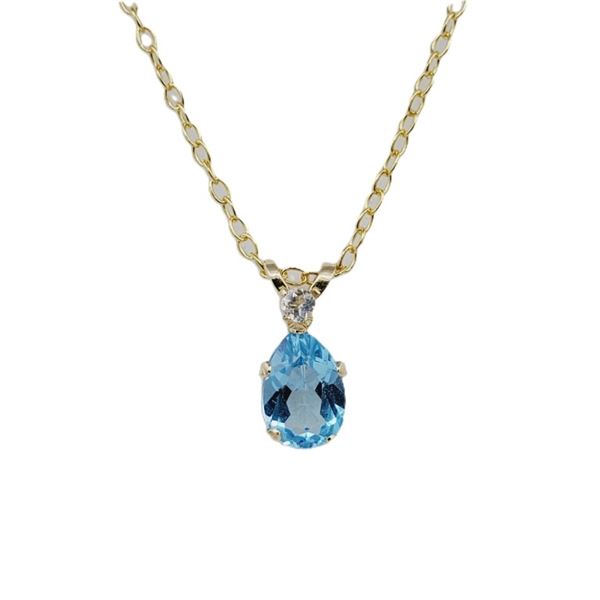 10KT YELLOW GOLD NATURAL BLUE TOPAZ (0.83CT) PEAR SHAPE PENDANT WITH GOLD PLATED STERLING SILVER CHA