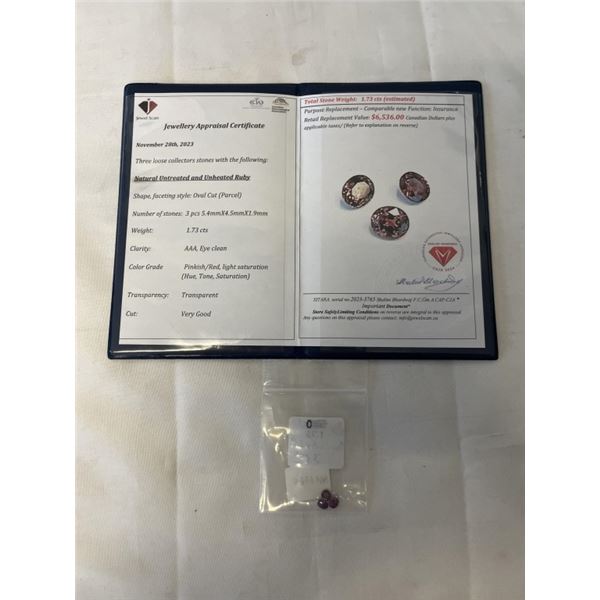 CERTIFIED UNTREATED 1.73CT RUBY GEMSTONE PARCEL, $6536 APPRAISAL