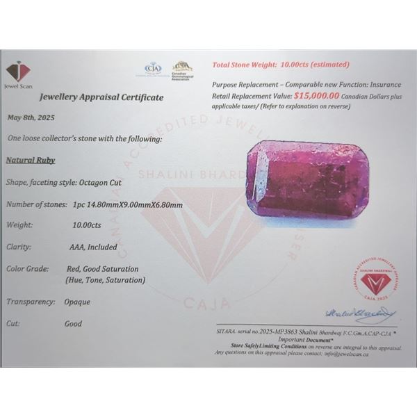 10 CT CERTIFIED RUBY GEMSTONE ($15,000 APPRAISAL)