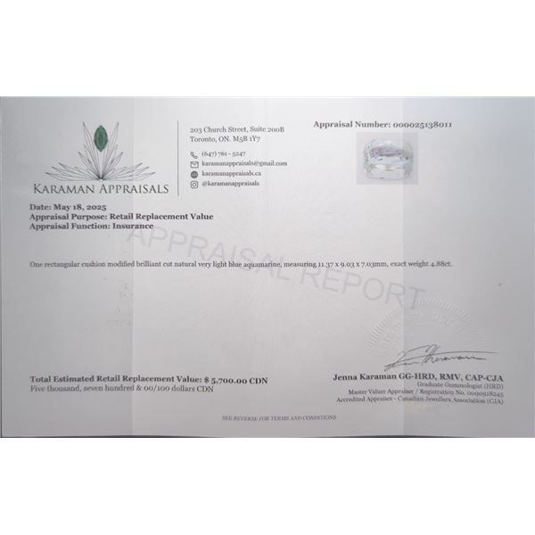 4.88 CT CERTIFIED AQUAMARINE GEMSTONE ($5,700 APPRAISAL)