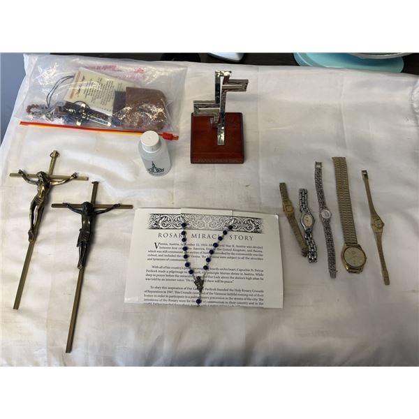 5 SEIKO WATCHES AND ASSORTED RELIGIOUS, ROASARIES, BEADS CURCIFIXES AND MORE
