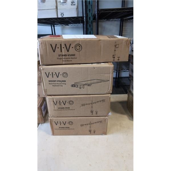 2 VIVO DUAL MONITOR DESK MOUNTS, SINGLE MONITOR DESK MOUNT, AND KEYBAORD TRAY