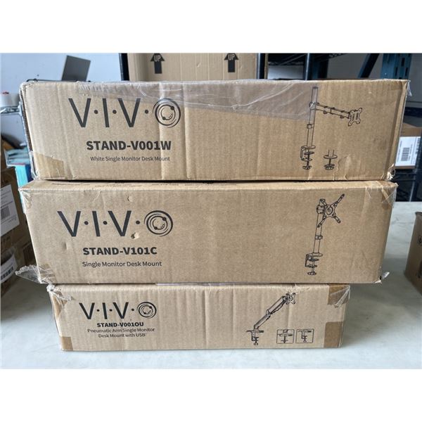 2 VIVO SINGLE MONITOR DESK MOUNTS, AND VIVO SINGLE MONITOR PNEUMATIC ARM MOUNT