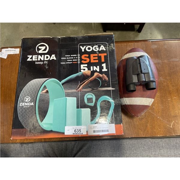 YOGA BLOCK SET 5 IN 1 AND WILSON FOOTBAL, 10X25 BINOCULARS