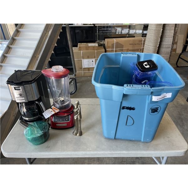 KITCHEN AID BLENDER, CUSINART COFFEE MAKER, STORAGE BINS, SWIFFER PADS, MARBLE MORTAR AND PEDESTAL E