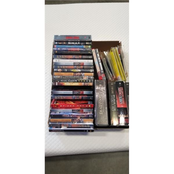 BOX OF NEW/SEALED DVDS, PS2 MEMORY CARDS, ETC