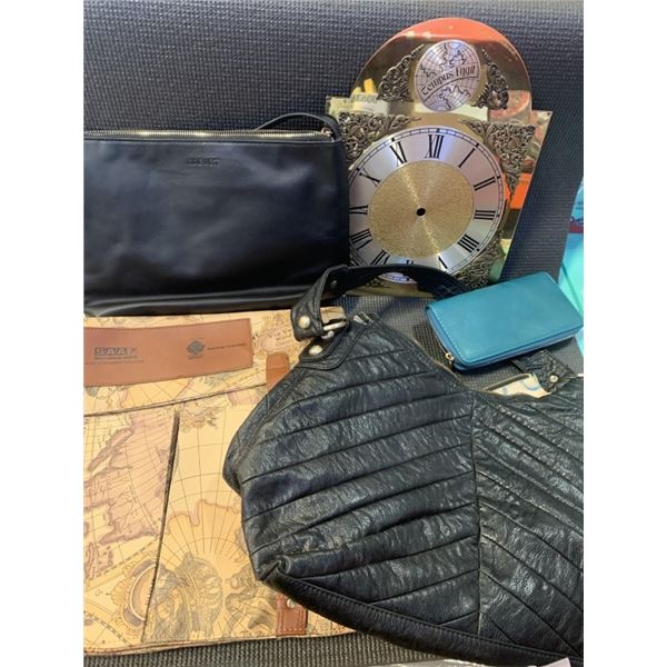 VINTAGE ATLAS BRIEFCASE, PURSES, WALLETS ETC AND TEMPUS FUGIT FACEPLATE