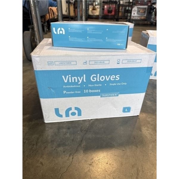 NEW CASE OF SIZE LARGE VINYL GLOVES, 10 BOXES OF 100PC