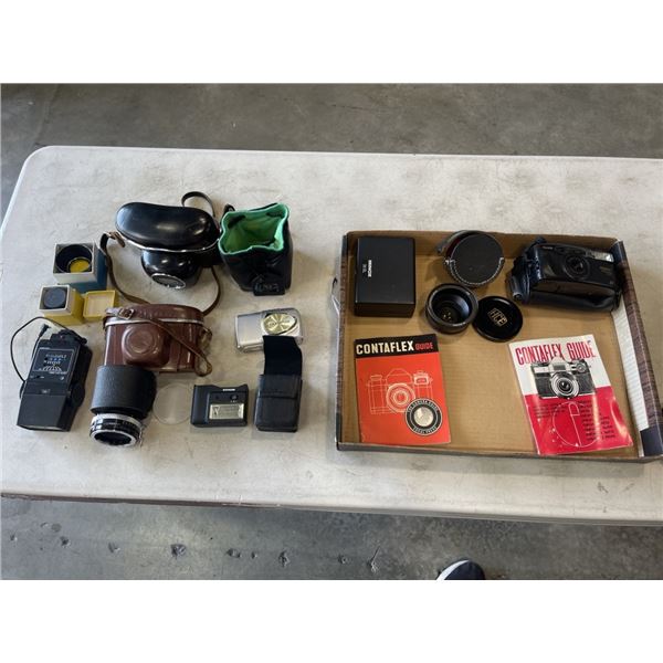 VINTAGE CAMERA ACCESSORIES INCLUDING LEATHER CASES, FLASHES, LENSES ETC