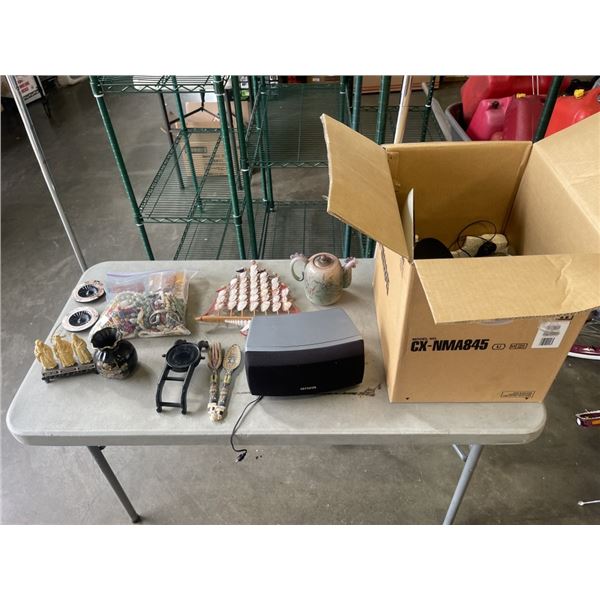 BOX OF ESTATE GOODS - SPEAKERS, JEWELLERY, CHINA, ETC
