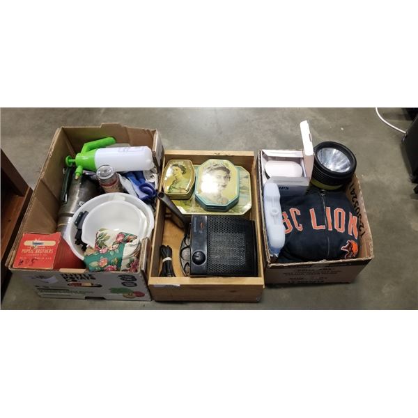 3 BOXES OF ESTATE GOODS - VINTAGE THERMOS, BC LIONS SWEATER, VINTAGE MIXING BOWLS, ETC