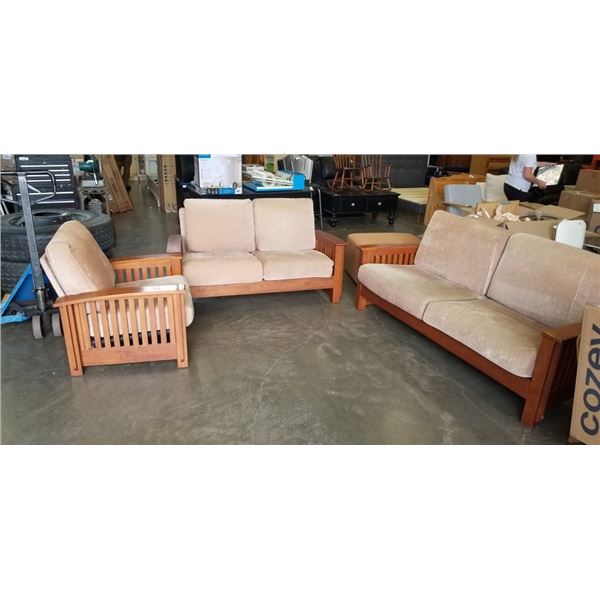3PC MODERN MISSION OAK STYLE SOFA, LOVESEAT AND CHAIR, IN GOOD CLEAN CONDITION