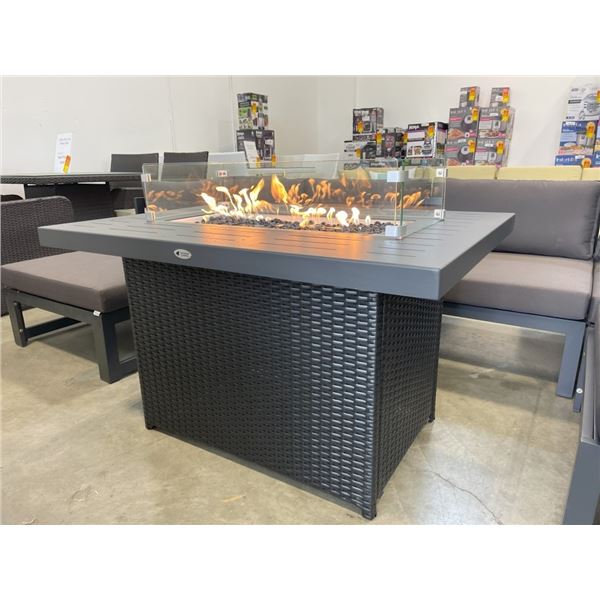 BRAND NEW PATIO FIRE PIT, SLATTED ALUMINUM TOP COMPLETE WITH COVER, WIND GUARD, ROCKS, AND NATURAL G
