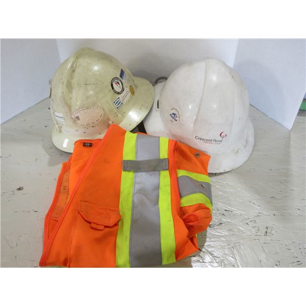 2 - LARGE HARD HATS, 1 SMALL/MEDIUM SAFETY VEST