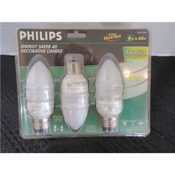 NEW:  PHILIPS 40 WATT ENERGY SAVER DECORATIVE CANDLE LIGHT BULBS (3)