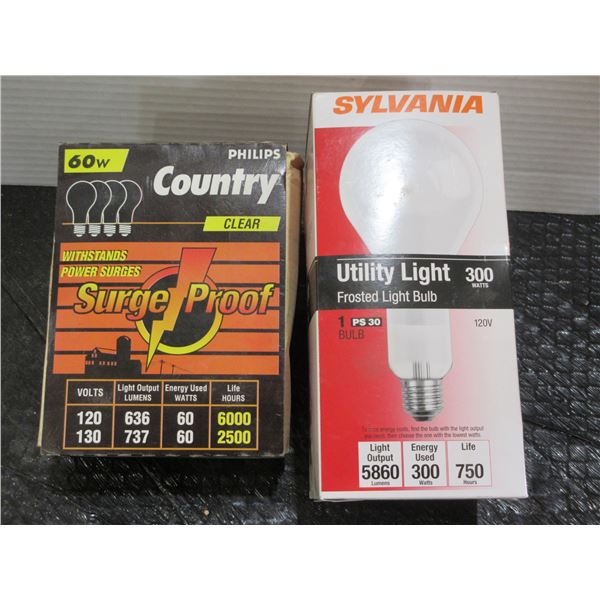 300 WATT UTILITY LIGHT & 4 PHILIPS COUNTRY 60 WATT CLEAR BULBS