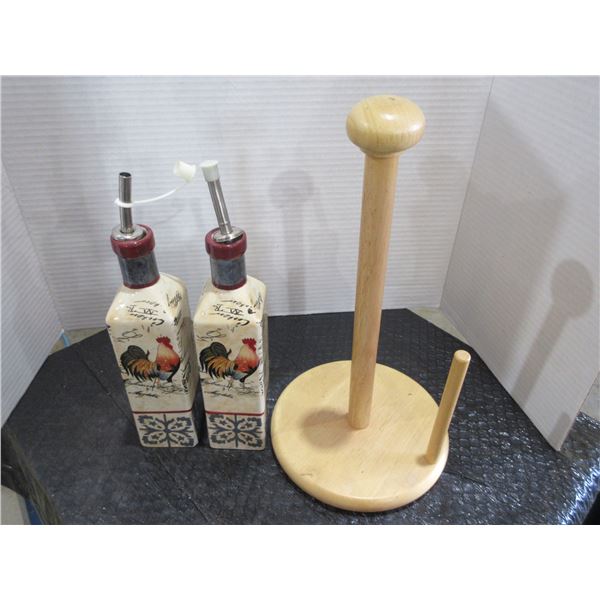 WOOD PAPER TOWEL HOLDER, ROOSTER OIL & VINEGAR SET