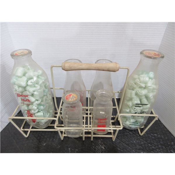 COLLECTABLE:  MILK BASKET C/W ASSORTED MILK & CREAM BOTTLES
