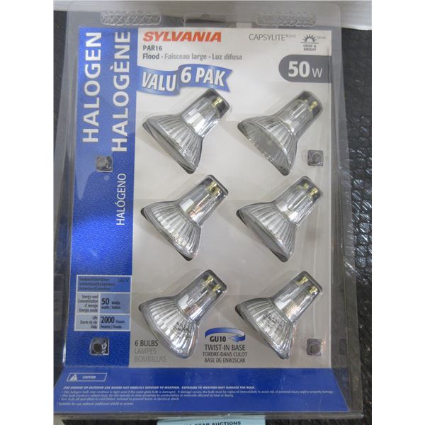 NEW:  SYLVANIA HALOGEN 50 WATT LIGHT BULBS (6) - 1 PACKAGE