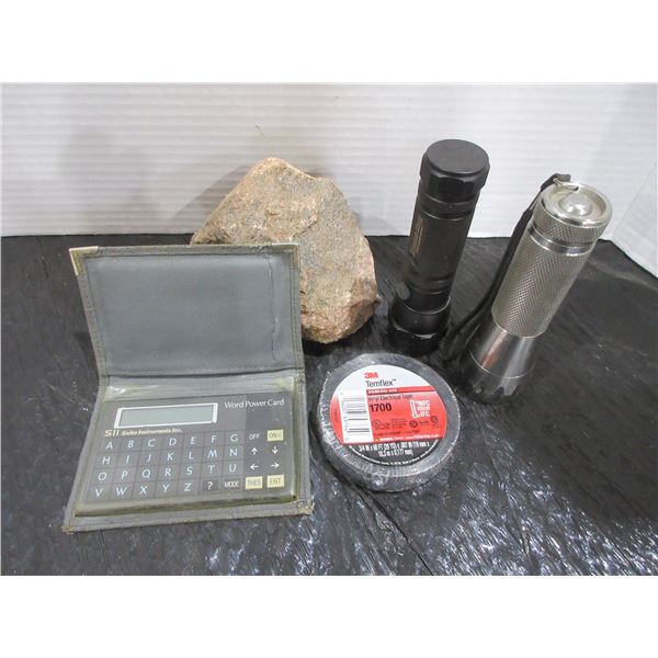 CALCULATOR, ELECTRIC TAPE & 2 FLASH LIGHTS