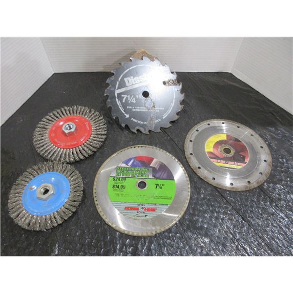 5 PIECES - STEEL ROOFING BLADE, 7 1/4" CHISSEL TOOTH BLADE, DIAMOND BLADE & 2 WIRE WHEELS