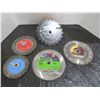 Image 1 : 5 PIECES - STEEL ROOFING BLADE, 7 1/4" CHISSEL TOOTH BLADE, DIAMOND BLADE & 2 WIRE WHEELS