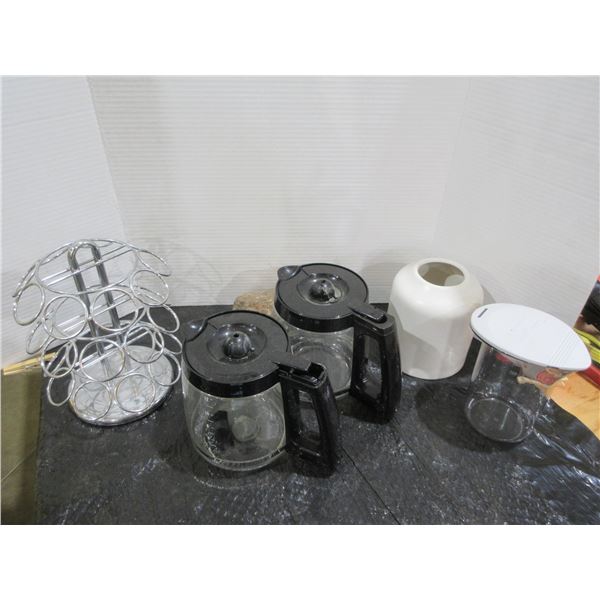 2 COFFEE POTS, K-CUP RACK, VASE, CONTAINER