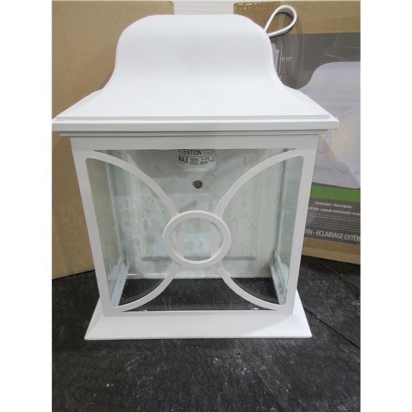 NEW:  3 WHITE OUTDOOR LANTERNS (APPROX. 9"L X 4.5"W X 11.5"H)
