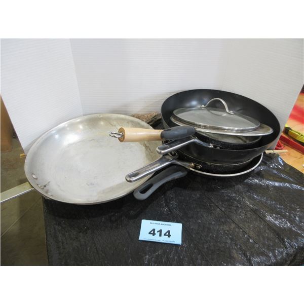 5 FRYING PANS, SPLATTER SCREEN & LID