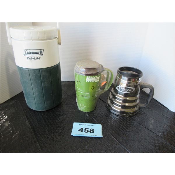 COLEMAN COOLER, TIM HORTONS TRAVEL MUG, & STAINLESS STEEL TRAVEL MUG