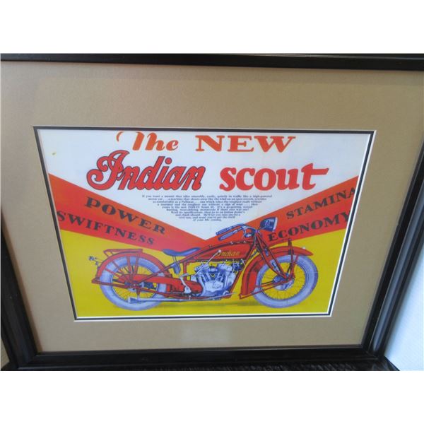 "THE NEW INDIAN SCOUT" FRAMED PICTURE (APPROX. 20" X 24")