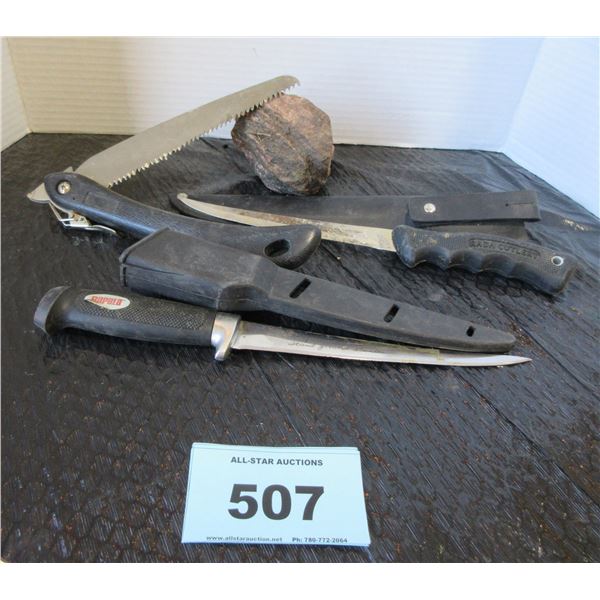 FOLDING SAW & 2 HUNTING KNIVES