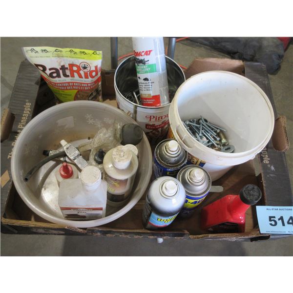 BOX C/W WD40, RODENT RID, PEG BOARD HOOKS, ETC