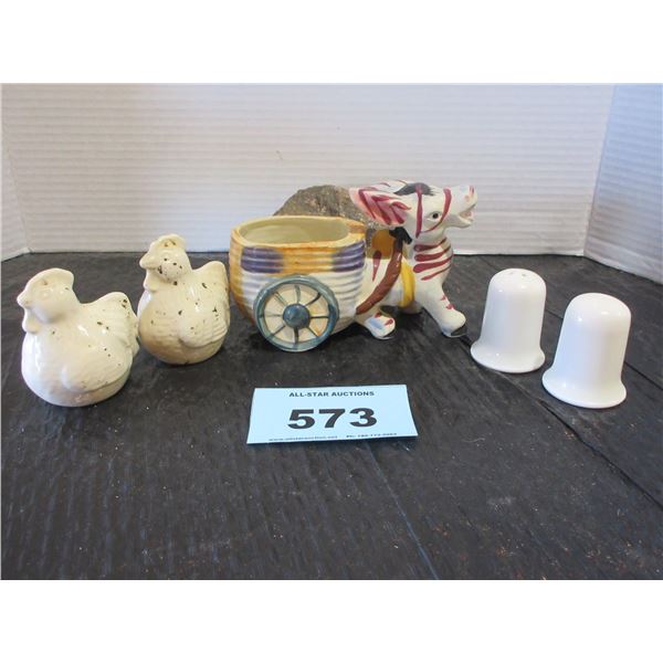 2 SETS OF SALT & PEPPER SHAKERS, DONKEY PLANTER