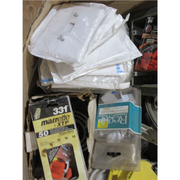BOX C/W SWITCH COVERS, RECEPTICALS, ELECTRICAL SUPPLIES, ETC