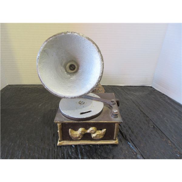 COLLECTABLE:  GRAMOPHONE CAST IRON BANK (APPROX. 7"H)