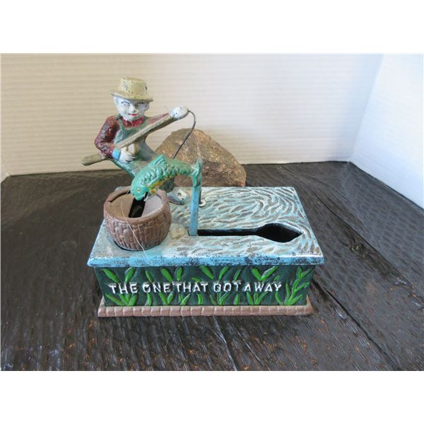 COLLECTABLE:  CAST IRON FISHING BANK (APPROX. 6" H)